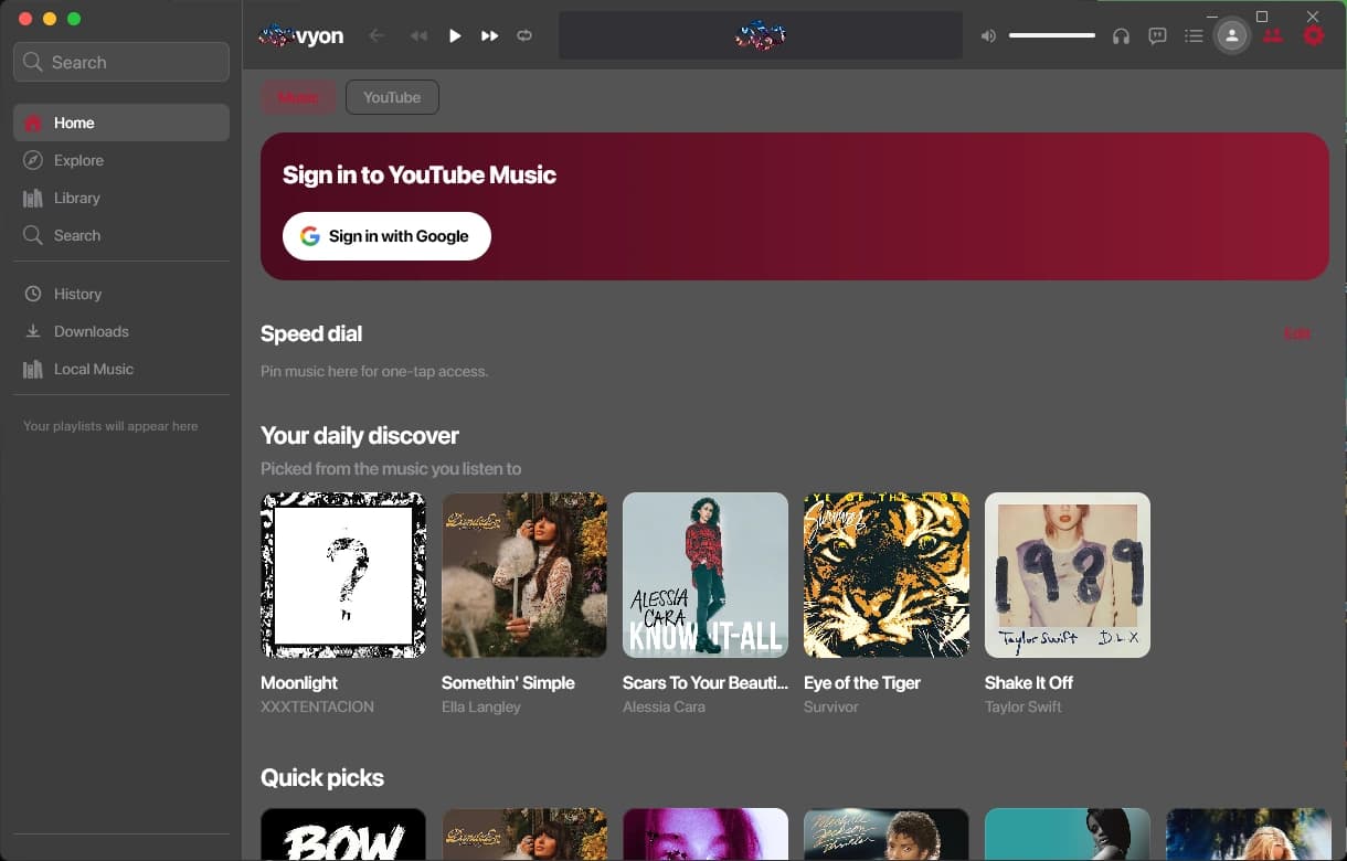 Vyon music player running on desktop
